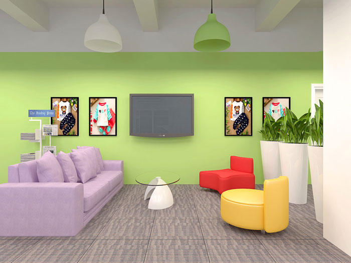 兒童童裝公司辦公室接待區(qū)域裝修設計案例效果圖