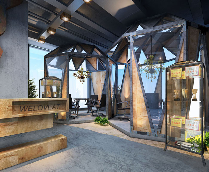 1100平方大型創(chuàng)意辦公室前臺接待裝修設(shè)計案例效果圖