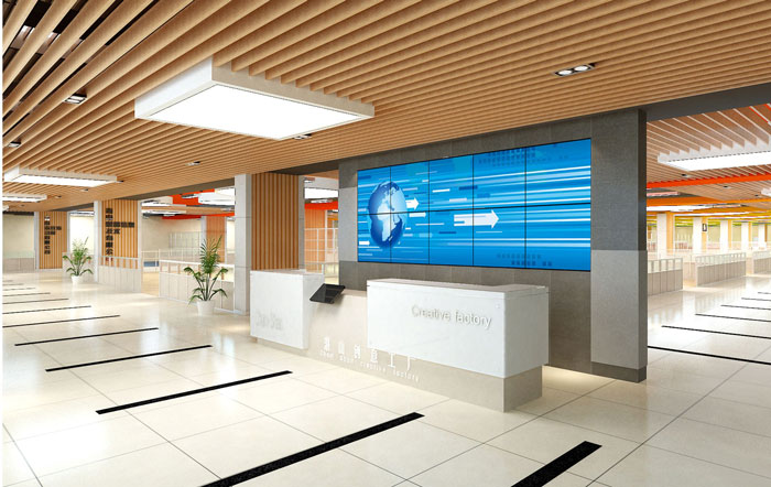 1500平方創(chuàng)意工廠辦公室前臺(tái)大廳裝修設(shè)計(jì)案例效果圖