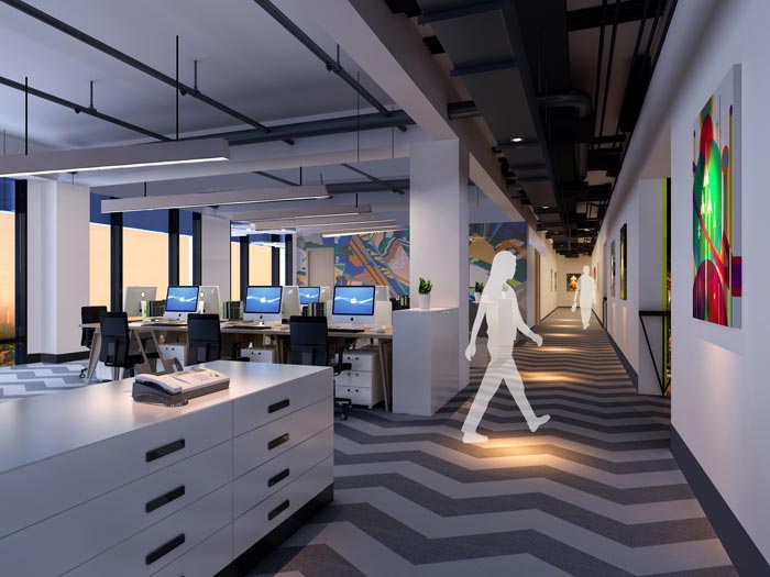 2100平方工業(yè)風(fēng)辦公室二樓前臺(tái)裝修設(shè)計(jì)案例效果圖