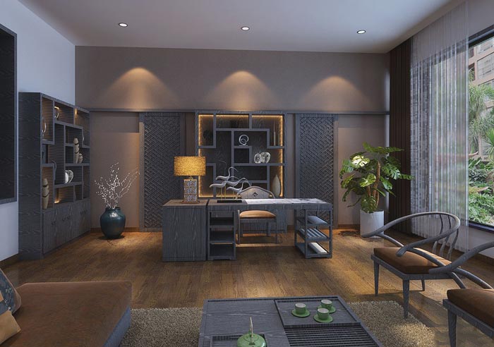 中式風格投資公司總經(jīng)理辦公室裝修設計案例效果圖