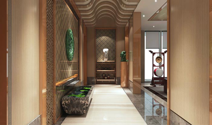 中式后現(xiàn)代風(fēng)格辦公室進門區(qū)域裝修設(shè)計案例效果圖