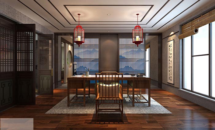 新中式經(jīng)理辦公室裝修設(shè)計案例效果圖