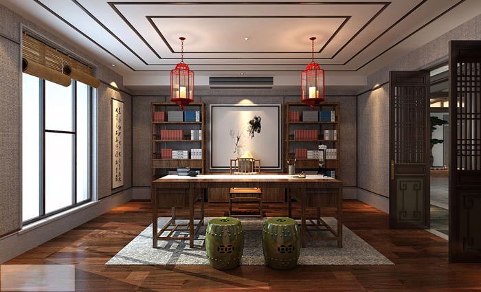 新中式老總辦公室裝修設(shè)計案例效果圖