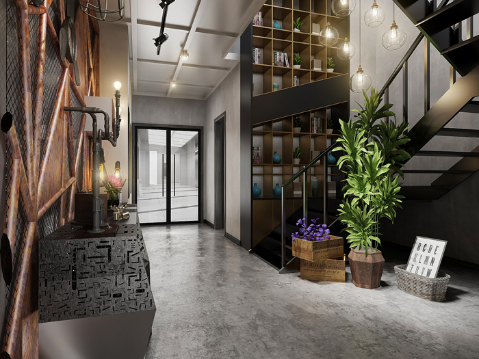 120平方工業(yè)風辦公室進門區(qū)裝修設計效果圖